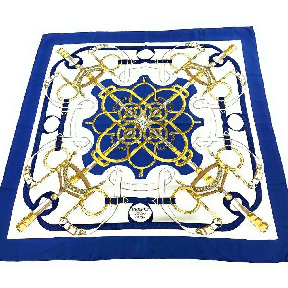 Vtg HERMES Eperon D’or By Henri Silk Scarf Navy